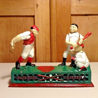Hometown Battery Vintage 1950s Mechanical Cast Iron Bank Collectible Baseball