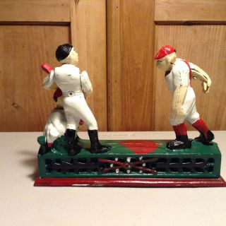 Hometown Battery Vintage 1950s Mechanical Cast Iron Bank Collectible Baseball 2