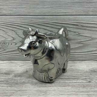 Vintage Handsome Silver Metal Cow Creamer Pitcher With Lid