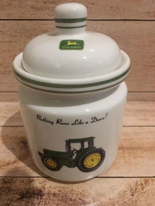 John Deere 7 " Cookie Jar By Gibson.  " Nothing Runs Like A Deere " Medium Size Jar