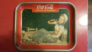 Vintage Coca Cola Lady Sailor Metal Serving Tray.