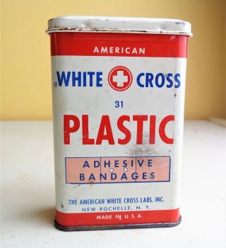 Vintage White Cross Plastic Adhesives Bandages Old Advertising Tin Usa Empty