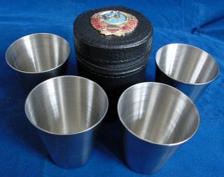 Russian Ussr Vodka Shot Glasses Set Of 4 X 50 Ml In A Case With Metal Badge