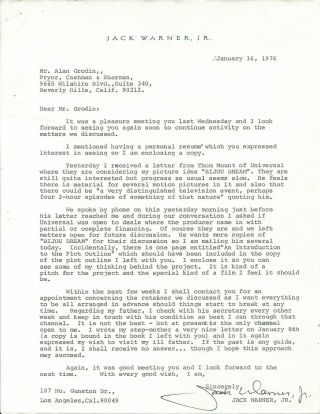 Jack Warner,  Jr.  1976 Signed Letter Re: Bijou Dream And Universal Deal