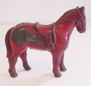 Antique Cast Iron Still Horse Bank W/saddle & Bridle Old Red Paint