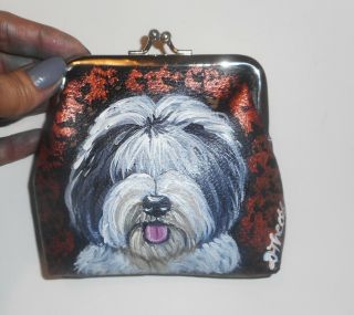 Old English Sheepdog Dog Hand Painted Leather Coin Purse Mini Clutch Wallet