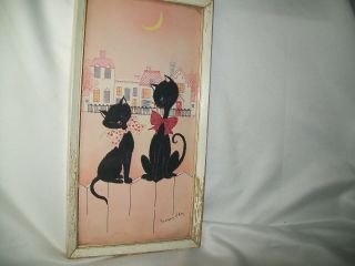 Vintage Lambert Picture 2 Black Kitty Cats Sitting On Fence Moon Signed