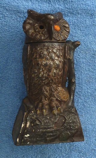 Antique 1880’s Cast Iron Owl Turns Head Mechanical Bank by J & E Stevens 4