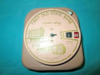 1940’s Vintage “add A Coin” Mechanical Bank.  First Old State Bank Elkhart,  Ind