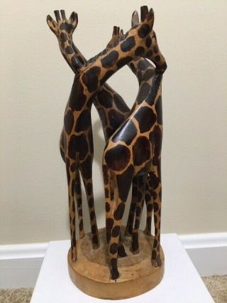 Hand Carved Three Entwined Wooden Giraffe 12 " Statue