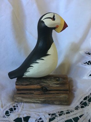 John Nelson 2000 Woodcarvings Carved & Painted Horned Puffin Glass Eyes Signed