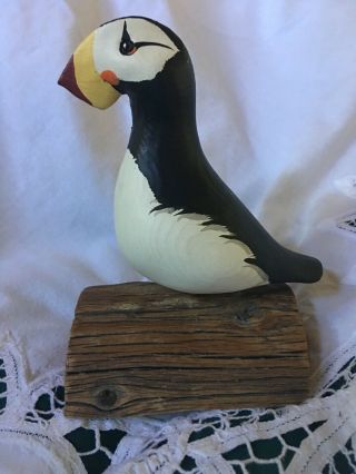 John Nelson 2000 Woodcarvings Carved & Painted Horned Puffin Glass Eyes Signed 2
