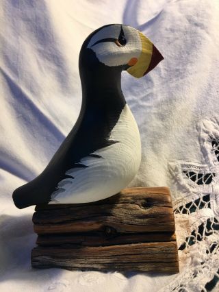 John Nelson 2000 Woodcarvings Carved & Painted Horned Puffin Glass Eyes Signed 8