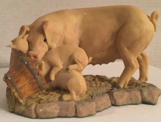 Vintage Master Craft Hand Painted Momma Pig And 3 Piglets At Feed Bucket,  1982