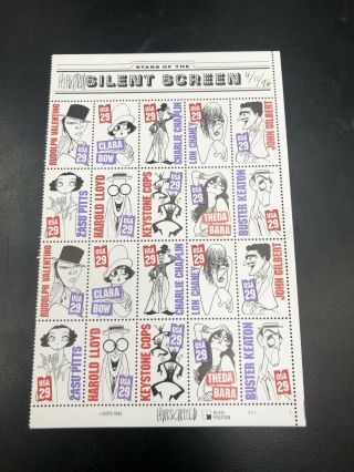 Signed Al Hirschfeld Plate Block Sheet Stars Of The Silent Screen Movie Stamps