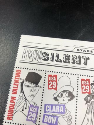 SIGNED AL HIRSCHFELD PLATE BLOCK SHEET STARS OF THE SILENT SCREEN MOVIE STAMPS 2
