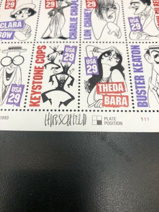 SIGNED AL HIRSCHFELD PLATE BLOCK SHEET STARS OF THE SILENT SCREEN MOVIE STAMPS 4