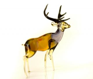 Brown Yellow Deer Figurine Blown Glass 