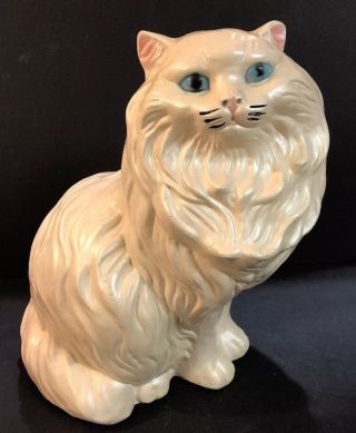 Vintage Large White Ceramic Blue Eye Persian Cat Statue Figurine 14 " Tall