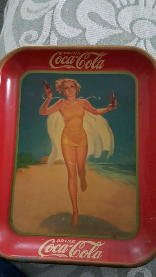 1937 Coca Cola Advertising Tray Girl Running On Beach With Two Cokes