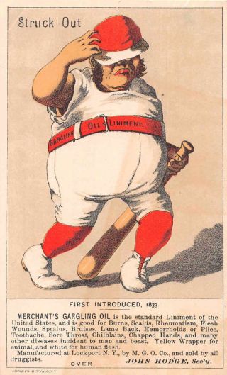 Sports Baseball Gargling Oil Ad " Struck Out " Vintage Tradecard Jd933787