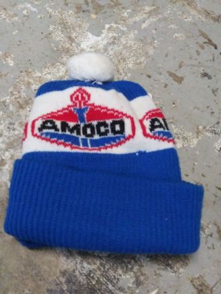 Vintage 60s 70s Amoco Oil Gas Station Winter Knit Hat Pom Beanie Cap Rare Promo