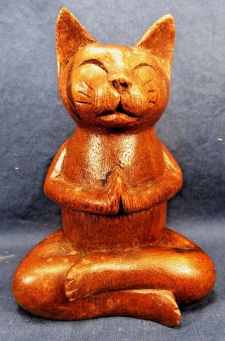 Buddha Cat In Meditating Pose Hand Carved Wood Figurine Home Decor