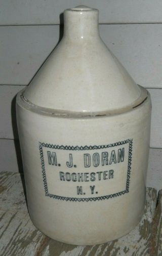 M.  J.  Doran Stoneware Crock Whiskey Jug Rochester,  Ny 1 Gallon Antique