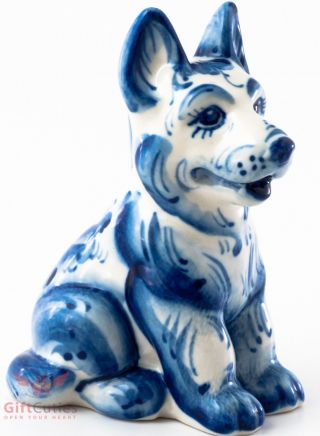 Porcelain German Shepherd Puppy Dog Figurine Souvenir Gzhel Colors Handmade