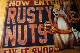 RUSTY NUTS FIX - IT SHOP Squirrel Man Cave Repair Garage Home Decor Sign - 2