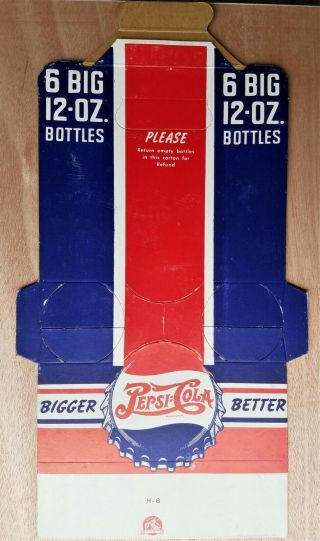 Pepsi Cola Double Dot Cardboard 6 Pack 12 Oz.  Carrier Carton