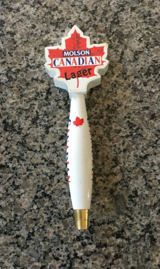 Molson Canadian Lager Mapleleaf Beer Tap Handle 11 3/4” Tall Wood 2 Sided