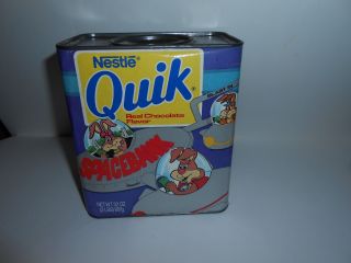 Rare Vtg Nestle Quik Empty 2 Lb Tin Container Space Bank Bunny Ufo Slot Uncut