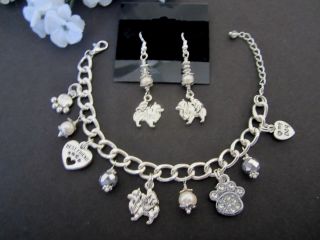 Pomeranian Dog Charm Bracelet & Earrings With Fresh Water Pearls & Crystals