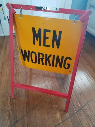 Vintage Mid Century Yellow Men 2 Sided 18 " X 18 " Metal Sign W/stand