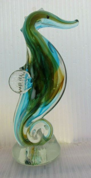 8 " Large Hand Blown Art Glass Seahorse Sea Horse Figurine Blue Green & Amber