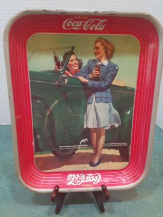 Vintage 1942 " Drink Coca - Cola " Two Girls At Car Heavy Metal Tray