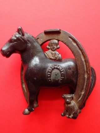 Antique Cast Iron Toy Buster Brown & Tige Good Luck Bank With Horsehoe & Horse