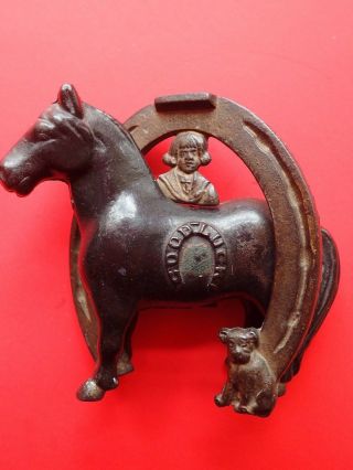 ANTIQUE Cast Iron Toy Buster Brown & Tige Good Luck Bank with Horsehoe & Horse 2
