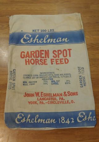 Vintage Eshelman Horse Feed Sack,  Eshelman & Sons,  Lancaster,  Pa