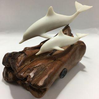 Vintage White Dolphin And Calf Sculpture Burl Wood Drift Wood By John Perry Tag