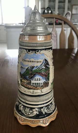 Vintage C.  1960s German Lidded Musical Beer Stein - Oberammergau Plays Edelweiss
