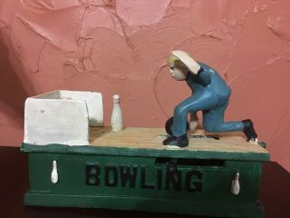 Vintage Cast Iron Bowling Man Mechanical Bank Rare