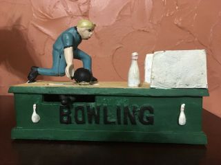 Vintage Cast Iron Bowling Man Mechanical Bank Rare 3