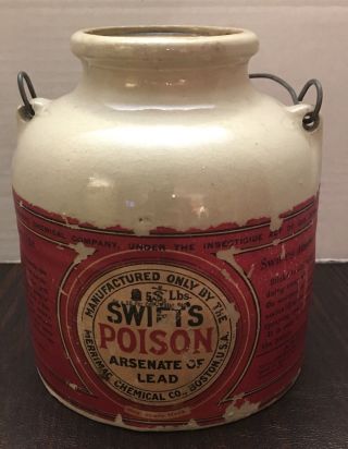 Antique Swifts Arsenate Of Lead Stoneware Poison Crock Merrimac Chem Boston 5 Lb