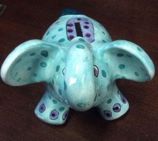 Elephant Piggy Bank Greenish Blue Polka Dot 6 1/4 " Tall Ceramic