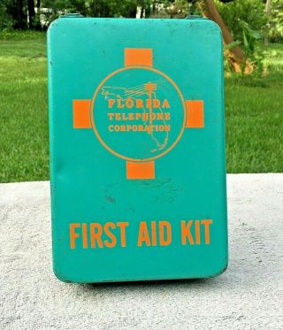 Vtg Florida Telephone Corporation Metal First Aid Kit Box With Contents Rare