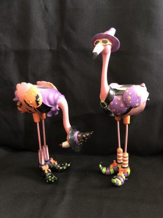 Pink Flamingo Halloween Witch Tea Light Holders Set Of 2 Hand Painted Cast Iron