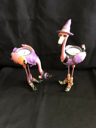 Pink Flamingo Halloween Witch Tea Light Holders Set Of 2 Hand Painted Cast Iron 2