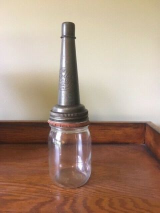 Vintage The Master Mfg Co Motor Oil Bottle And Metal Spout Litchfield Ill.